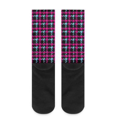 Blue Pink And Black Houndstooth Print Crew Socks