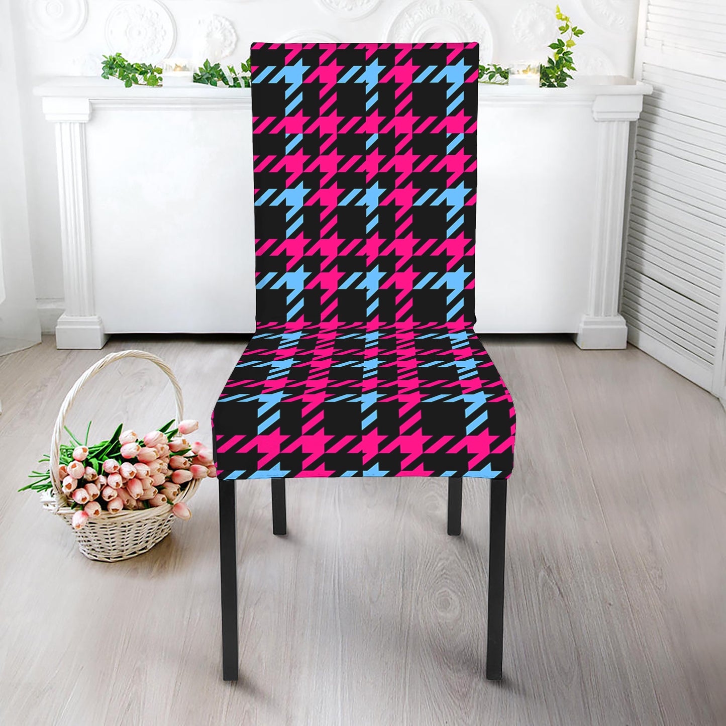 Blue Pink And Black Houndstooth Print Dining Chair Slipcover