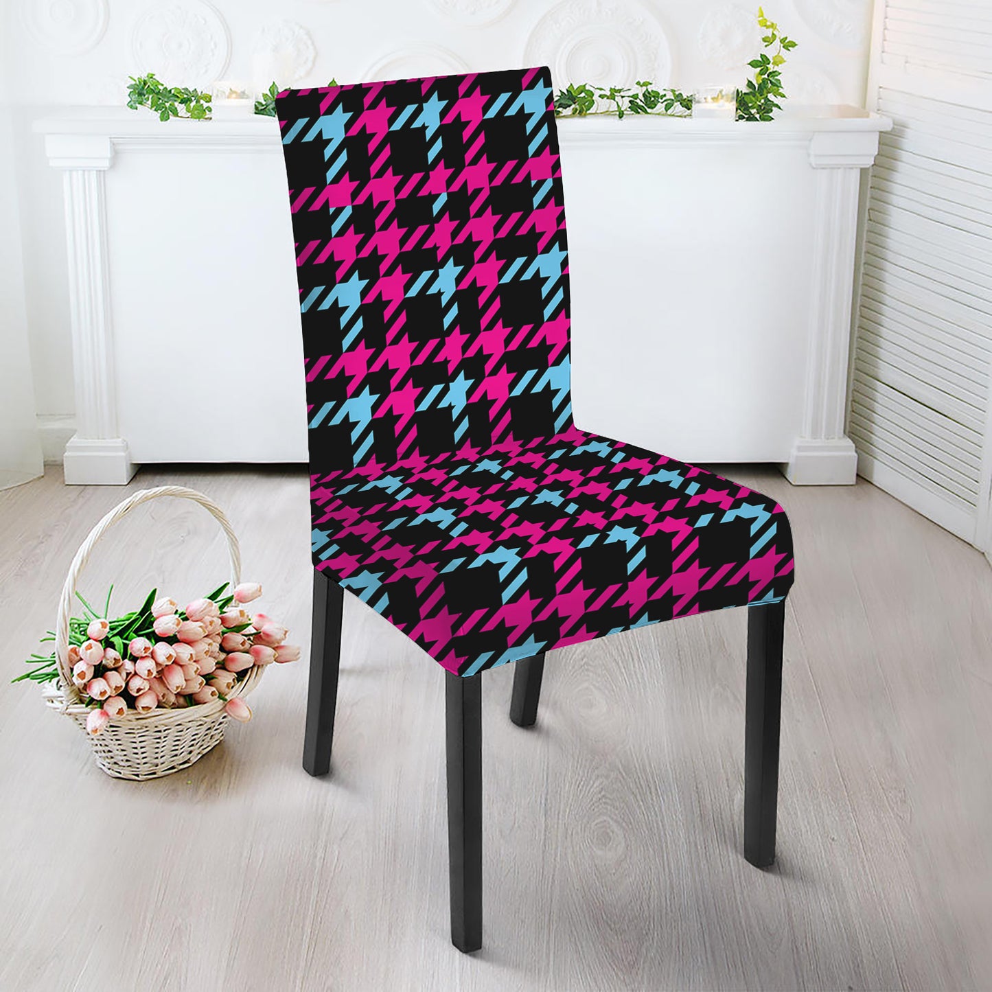 Blue Pink And Black Houndstooth Print Dining Chair Slipcover