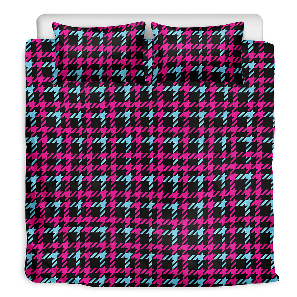 Blue Pink And Black Houndstooth Print Duvet Cover Bedding Set