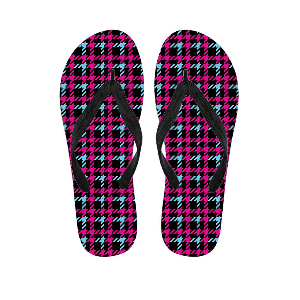 Blue Pink And Black Houndstooth Print Flip Flops