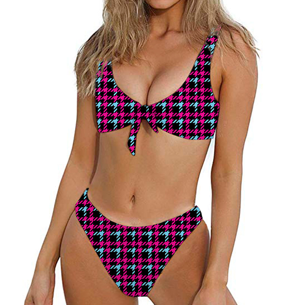 Blue Pink And Black Houndstooth Print Front Bow Tie Bikini