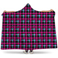 Blue Pink And Black Houndstooth Print Hooded Blanket