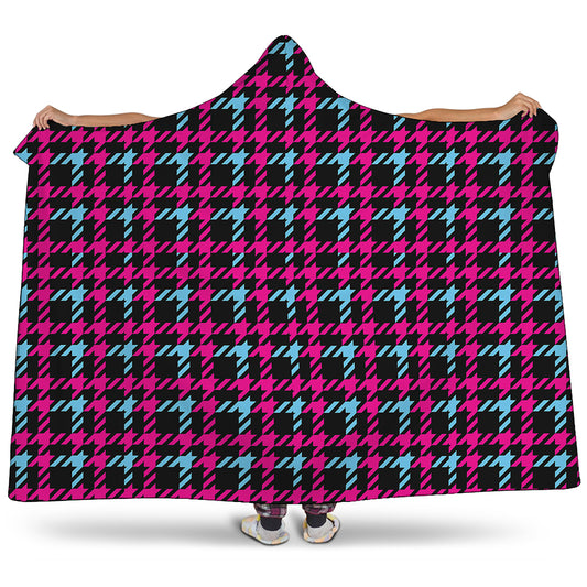 Blue Pink And Black Houndstooth Print Hooded Blanket