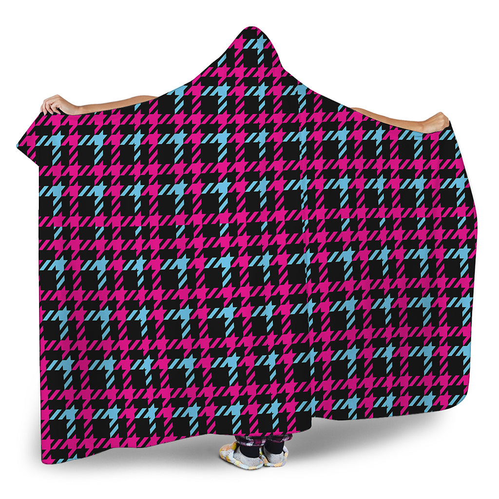 Blue Pink And Black Houndstooth Print Hooded Blanket