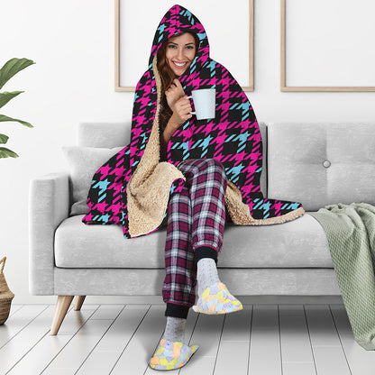 Blue Pink And Black Houndstooth Print Hooded Blanket