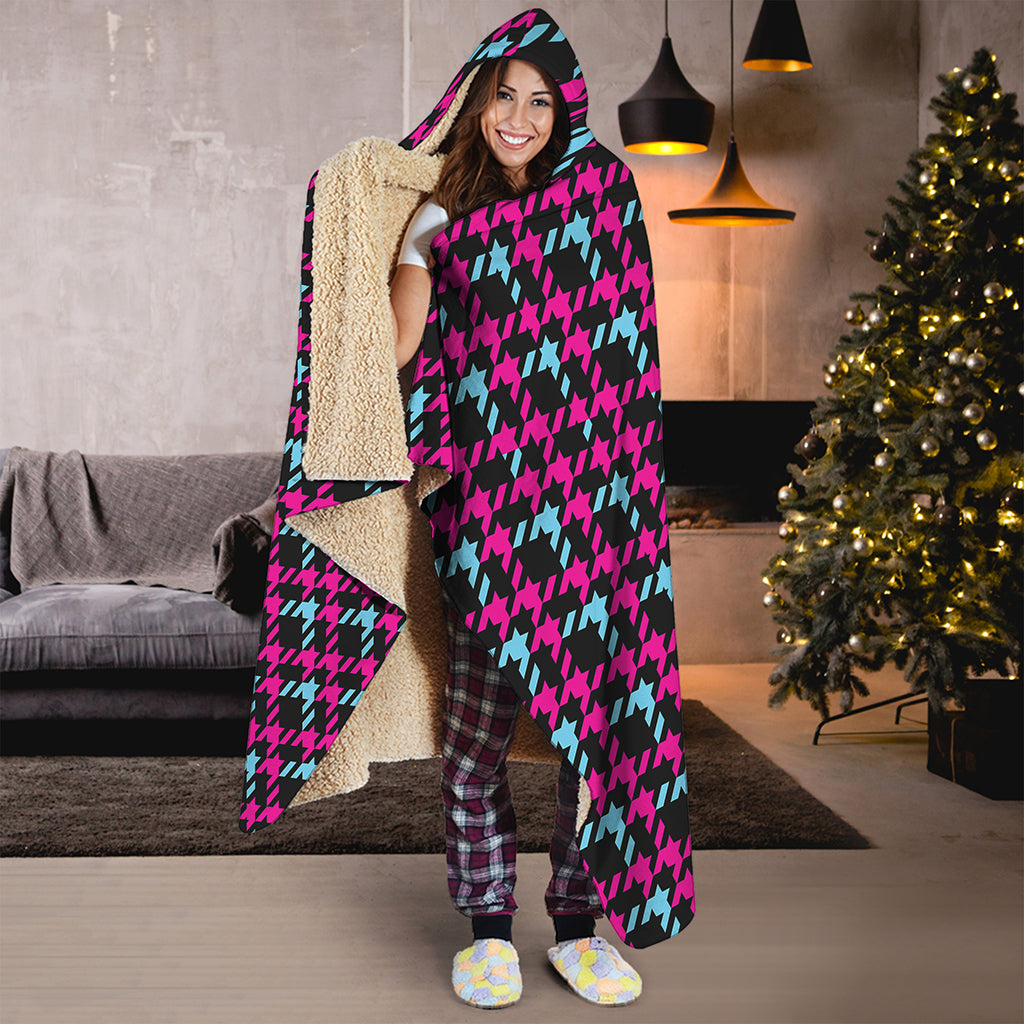Blue Pink And Black Houndstooth Print Hooded Blanket