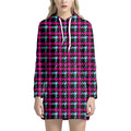 Blue Pink And Black Houndstooth Print Pullover Hoodie Dress