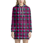 Blue Pink And Black Houndstooth Print Hoodie Dress