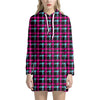 Blue Pink And Black Houndstooth Print Hoodie Dress