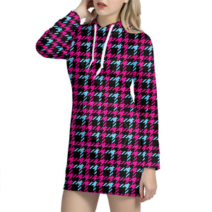 Blue Pink And Black Houndstooth Print Hoodie Dress