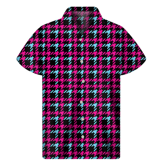 Blue Pink And Black Houndstooth Print Men's Short Sleeve Shirt