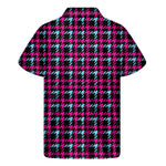 Blue Pink And Black Houndstooth Print Men's Short Sleeve Shirt