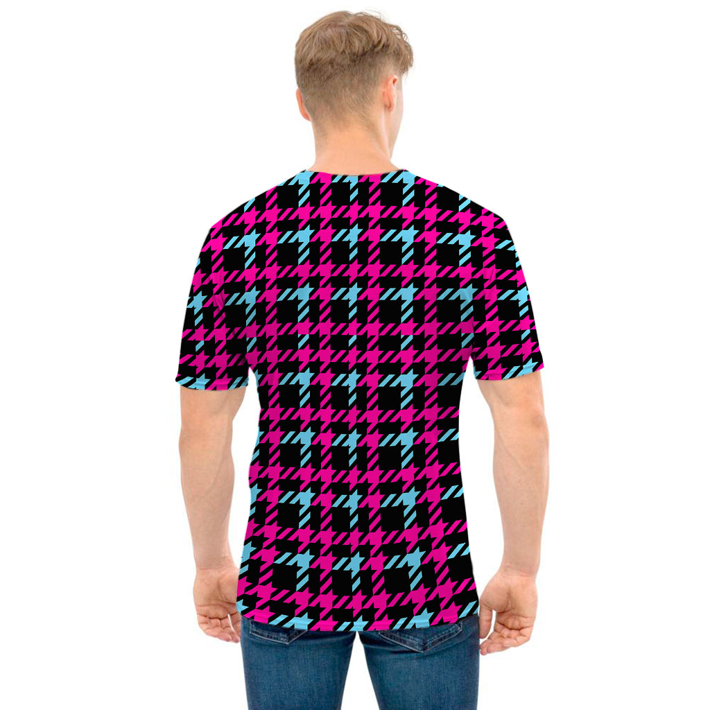 Blue Pink And Black Houndstooth Print Men's T-Shirt