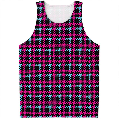 Blue Pink And Black Houndstooth Print Men's Tank Top