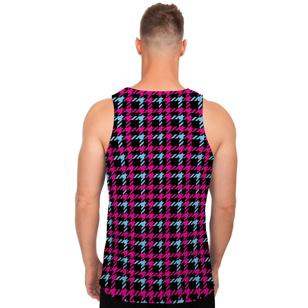 Blue Pink And Black Houndstooth Print Men's Tank Top