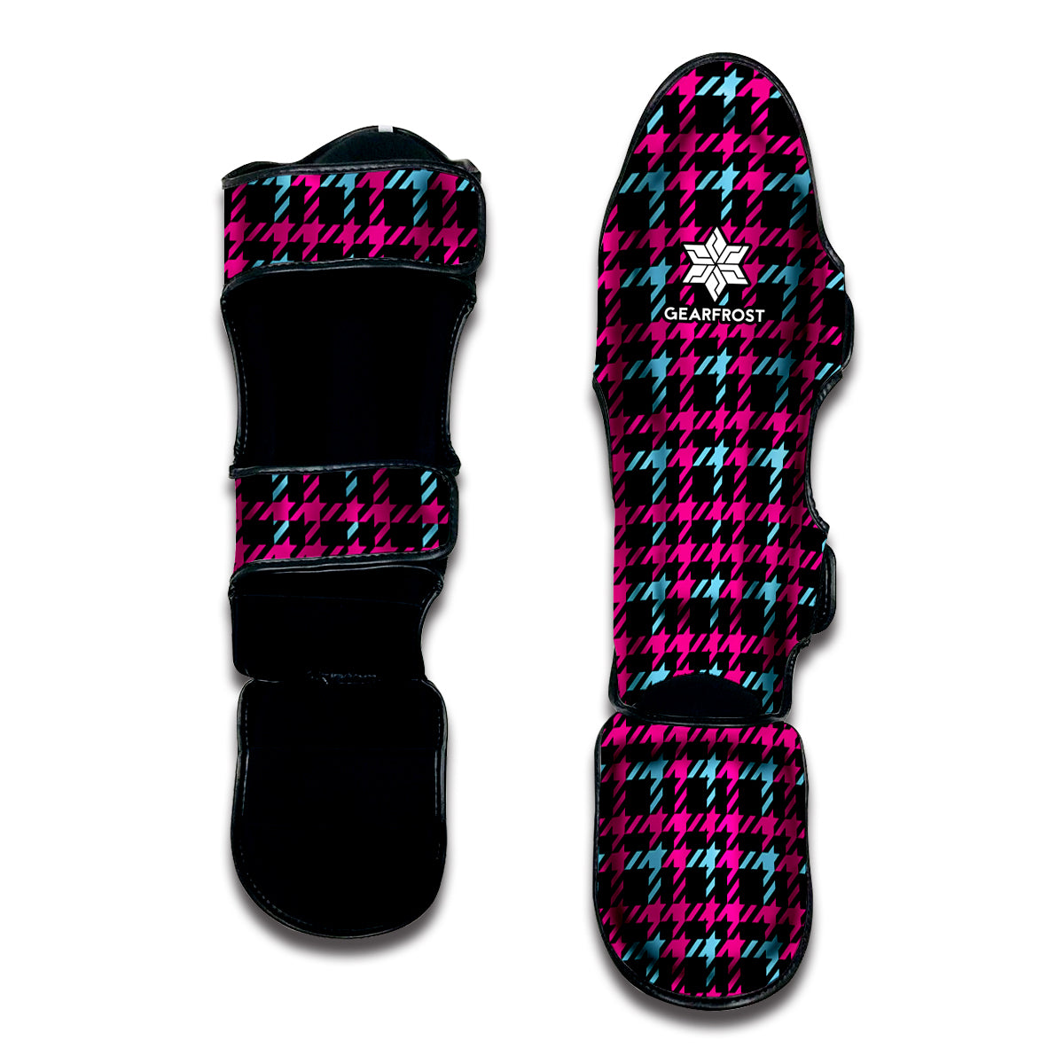 Blue Pink And Black Houndstooth Print Muay Thai Shin Guard