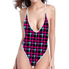 Blue Pink And Black Houndstooth Print One Piece High Cut Swimsuit