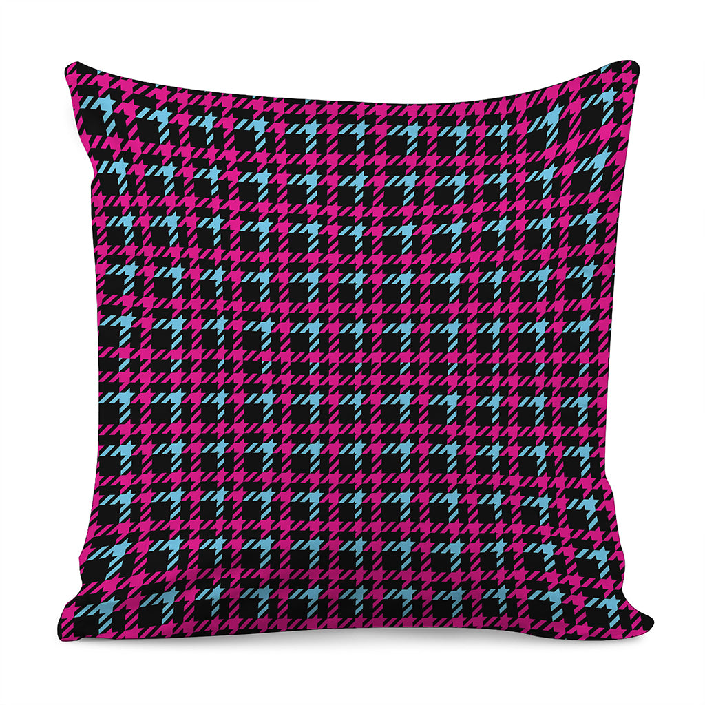 Blue Pink And Black Houndstooth Print Pillow Cover