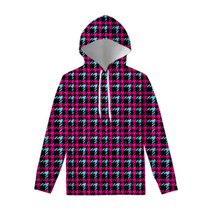 Blue Pink And Black Houndstooth Print Pullover Hoodie