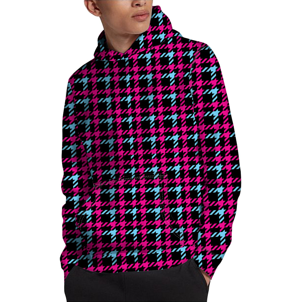 Blue Pink And Black Houndstooth Print Pullover Hoodie