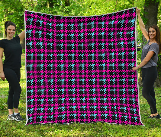 Blue Pink And Black Houndstooth Print Quilt