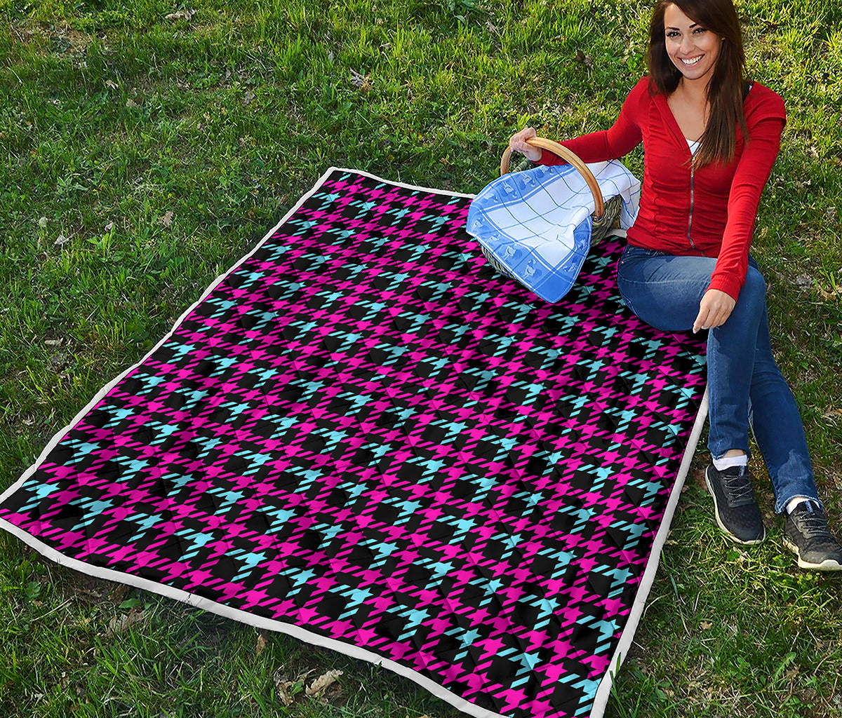 Blue Pink And Black Houndstooth Print Quilt