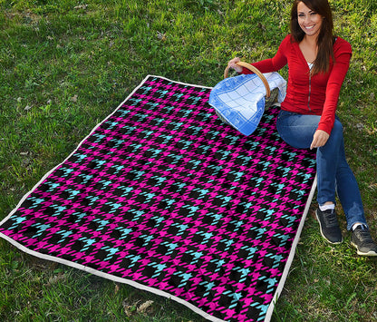 Blue Pink And Black Houndstooth Print Quilt