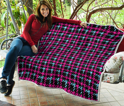 Blue Pink And Black Houndstooth Print Quilt