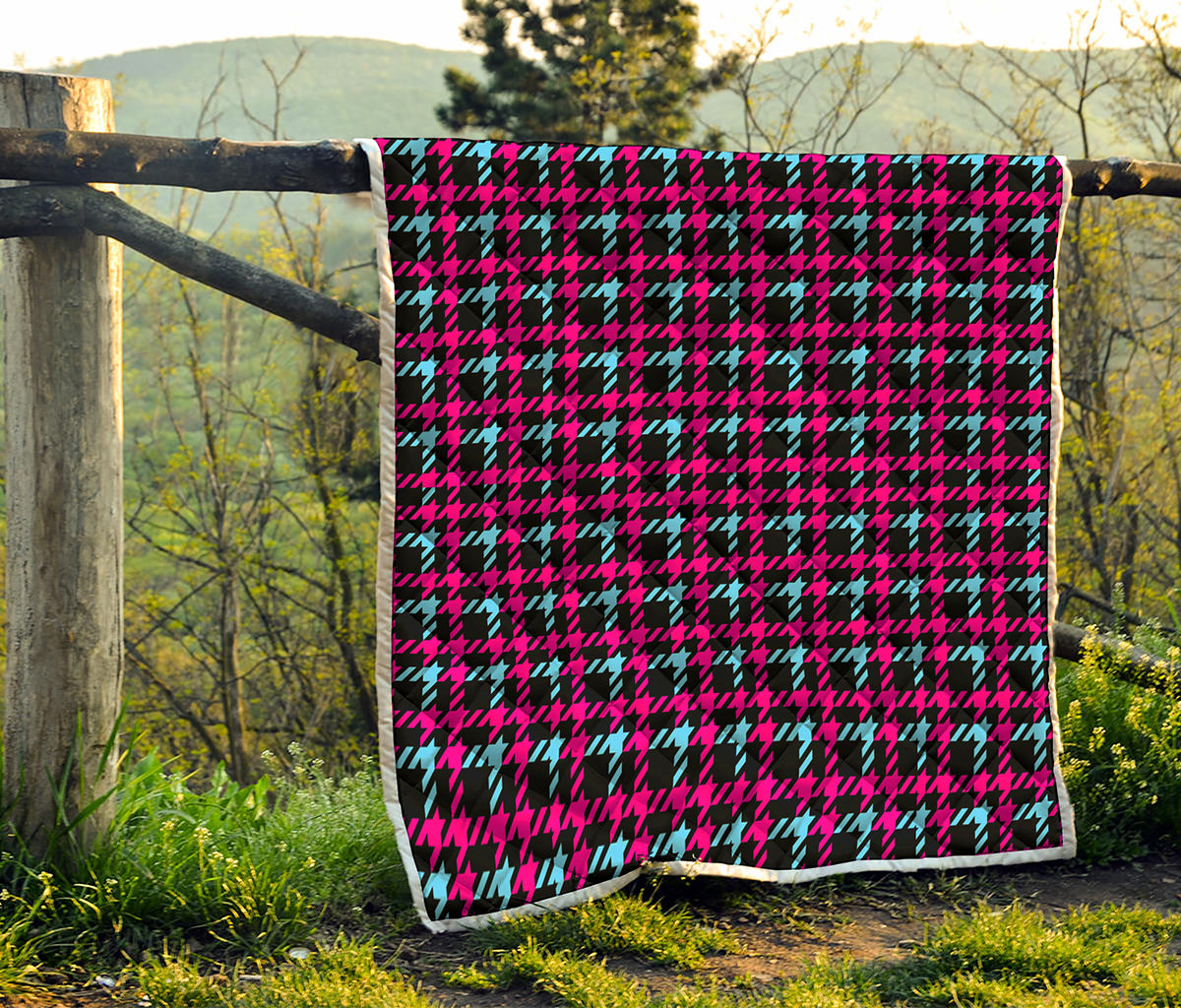 Blue Pink And Black Houndstooth Print Quilt