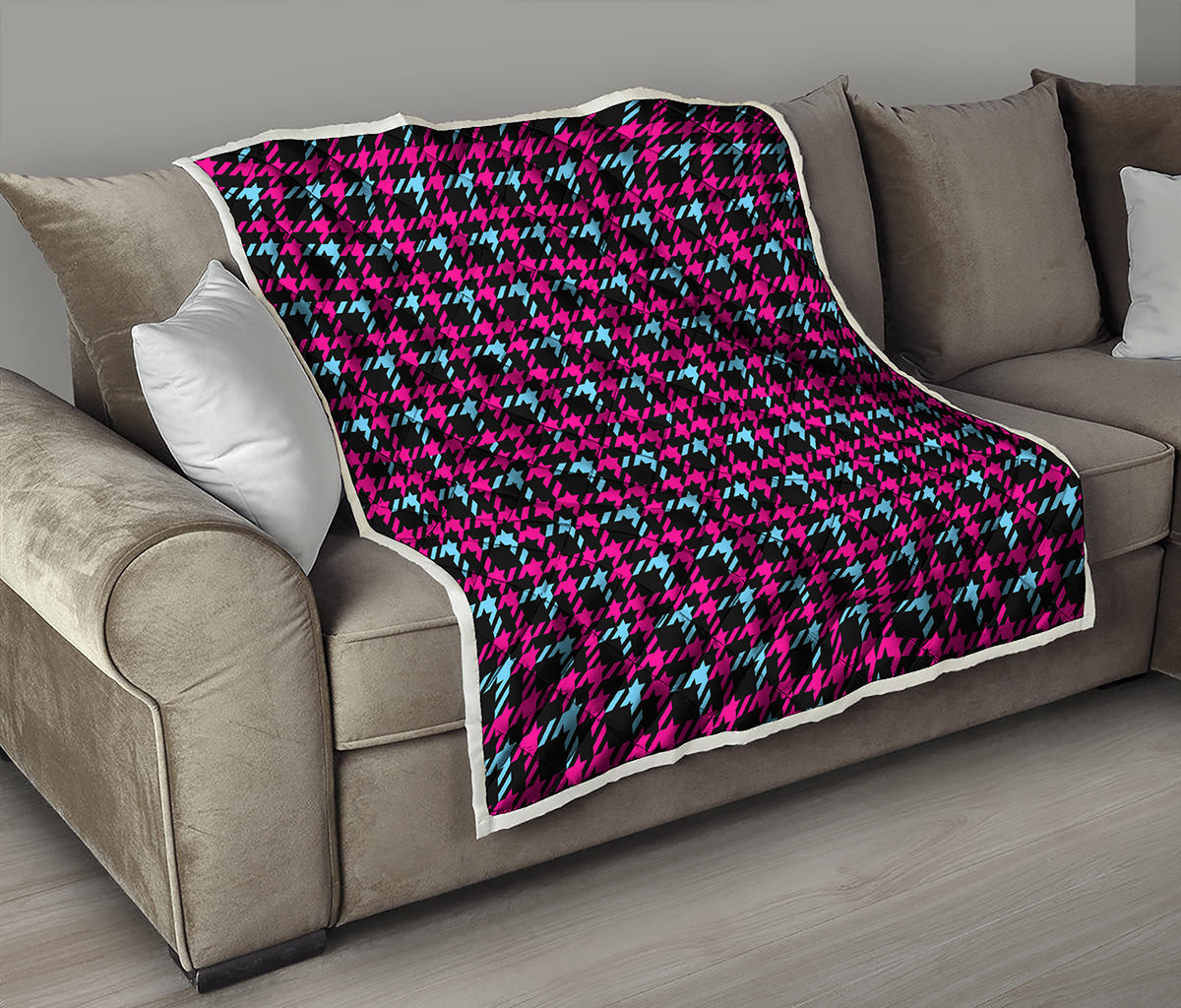 Blue Pink And Black Houndstooth Print Quilt