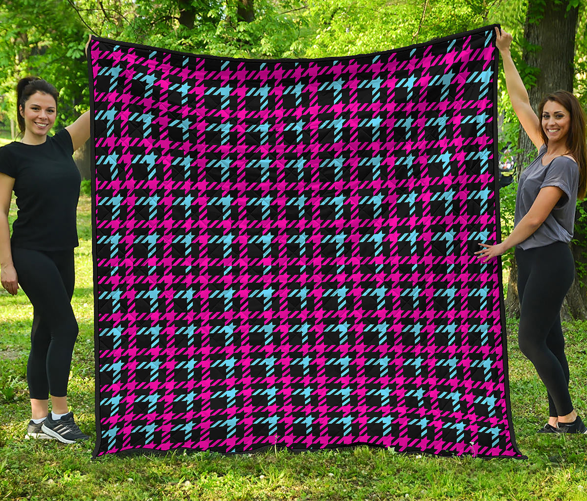 Blue Pink And Black Houndstooth Print Quilt