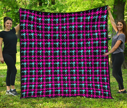 Blue Pink And Black Houndstooth Print Quilt