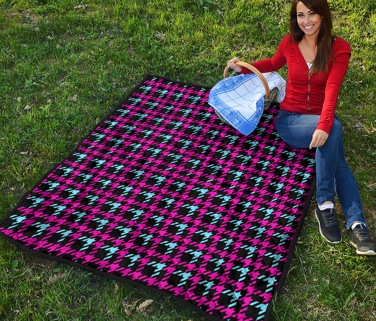 Blue Pink And Black Houndstooth Print Quilt