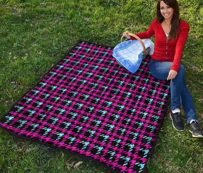 Blue Pink And Black Houndstooth Print Quilt
