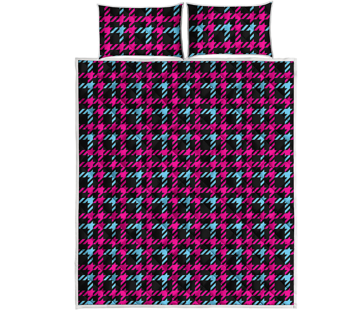 Blue Pink And Black Houndstooth Print Quilt Bed Set
