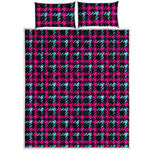 Blue Pink And Black Houndstooth Print Quilt Bed Set