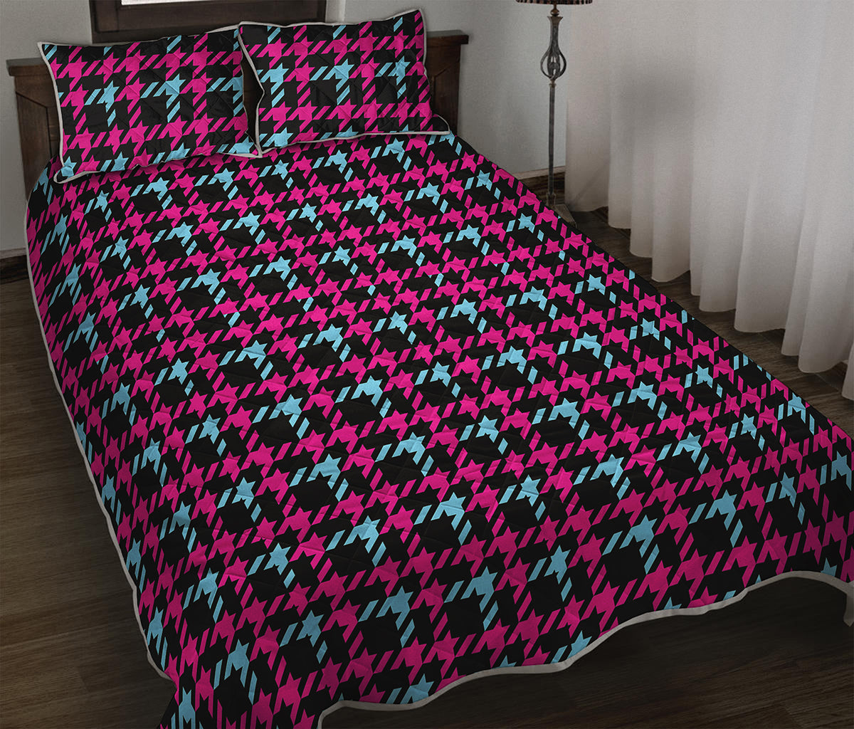 Blue Pink And Black Houndstooth Print Quilt Bed Set