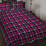 Blue Pink And Black Houndstooth Print Quilt Bed Set
