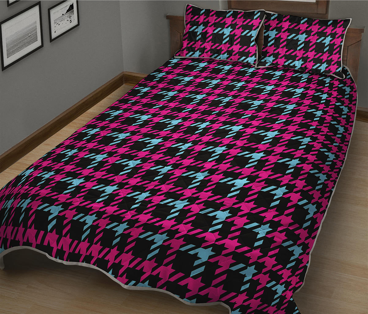 Blue Pink And Black Houndstooth Print Quilt Bed Set