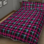 Blue Pink And Black Houndstooth Print Quilt Bed Set