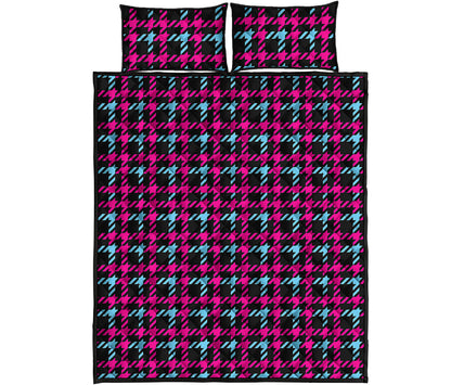 Blue Pink And Black Houndstooth Print Quilt Bed Set