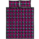 Blue Pink And Black Houndstooth Print Quilt Bed Set