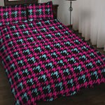 Blue Pink And Black Houndstooth Print Quilt Bed Set
