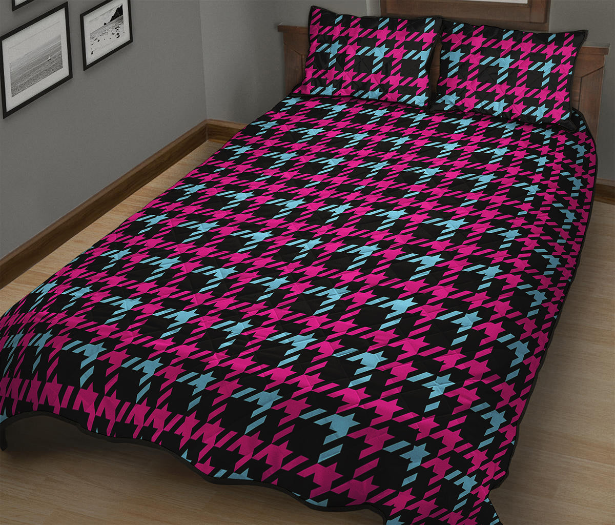 Blue Pink And Black Houndstooth Print Quilt Bed Set