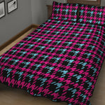 Blue Pink And Black Houndstooth Print Quilt Bed Set