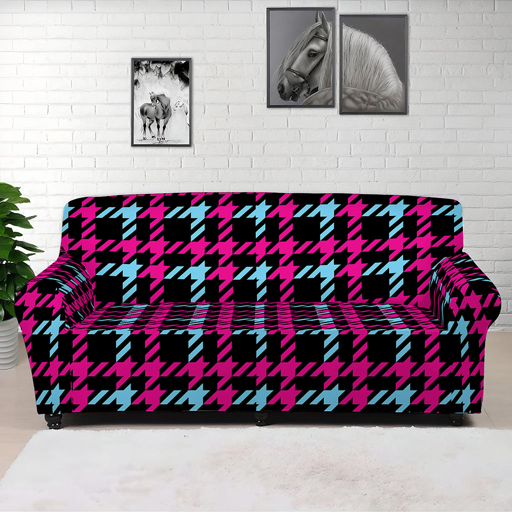 Blue Pink And Black Houndstooth Print Sofa Cover