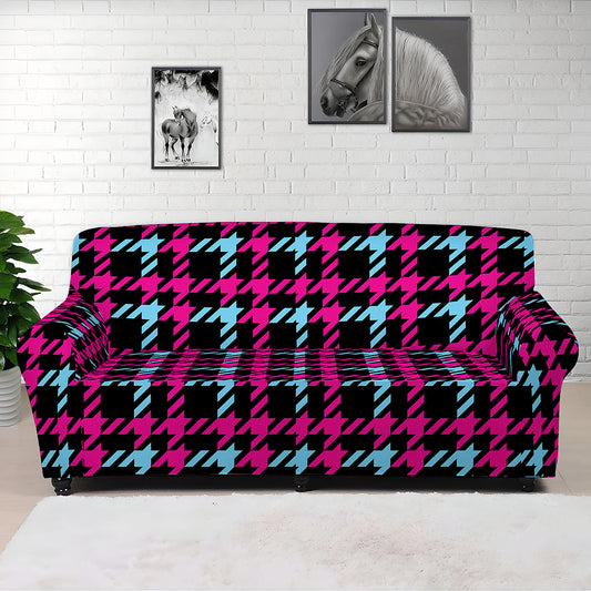 Blue Pink And Black Houndstooth Print Sofa Cover