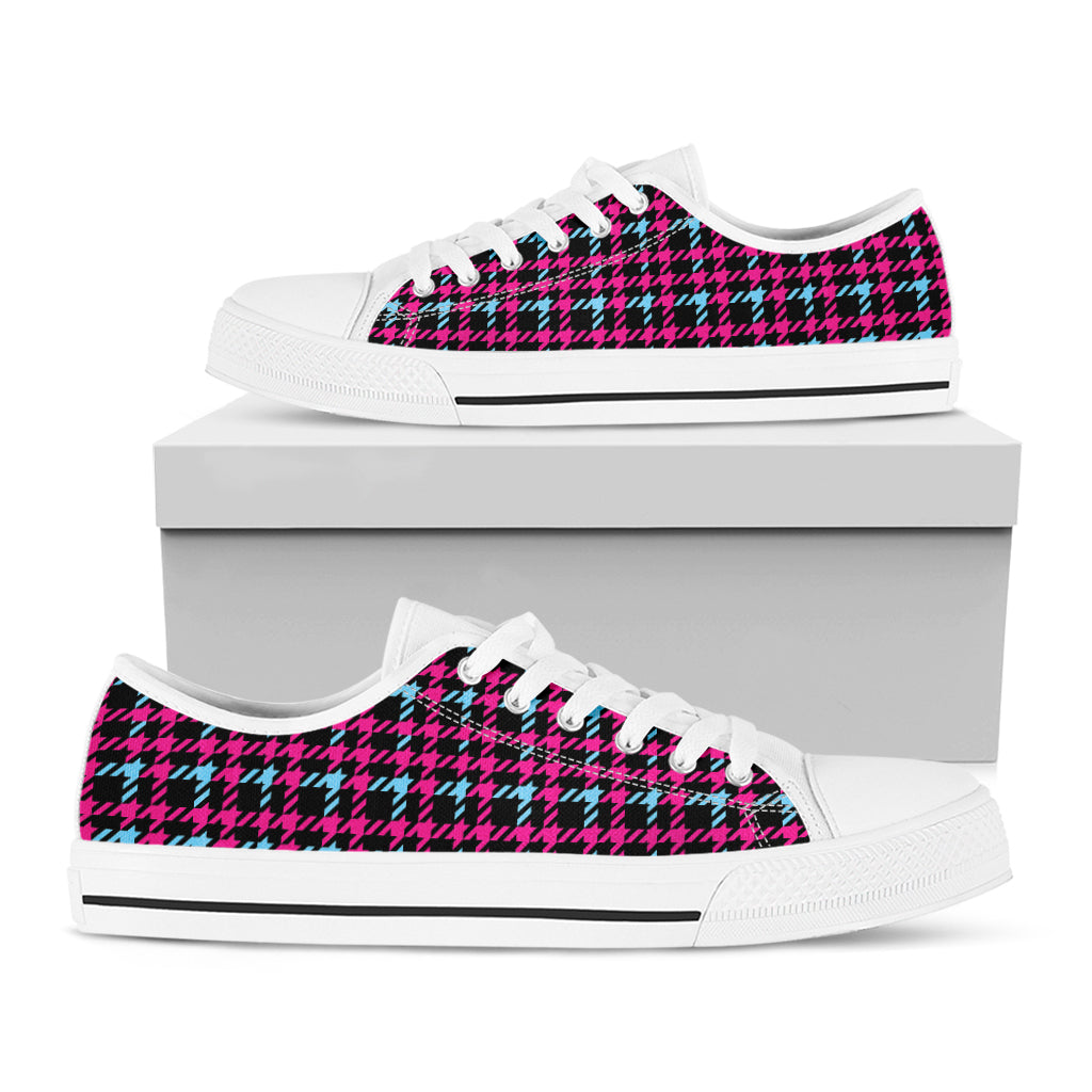 Blue Pink And Black Houndstooth Print White Low Top Shoes