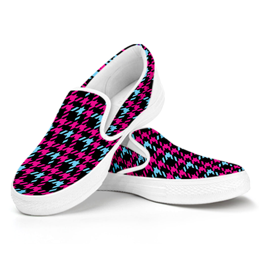 Blue Pink And Black Houndstooth Print White Slip On Shoes